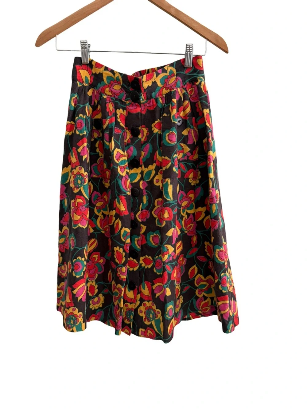 ModCloth Floral A-Line Skirt Black Multicolor Rayon Linen Size XS